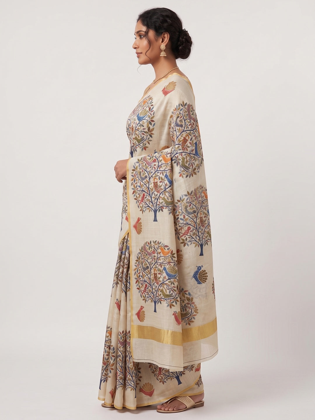 Ethnic Beige Tussar Silk Saree with Detailed Tree of Life Printed Motifs - Image 3