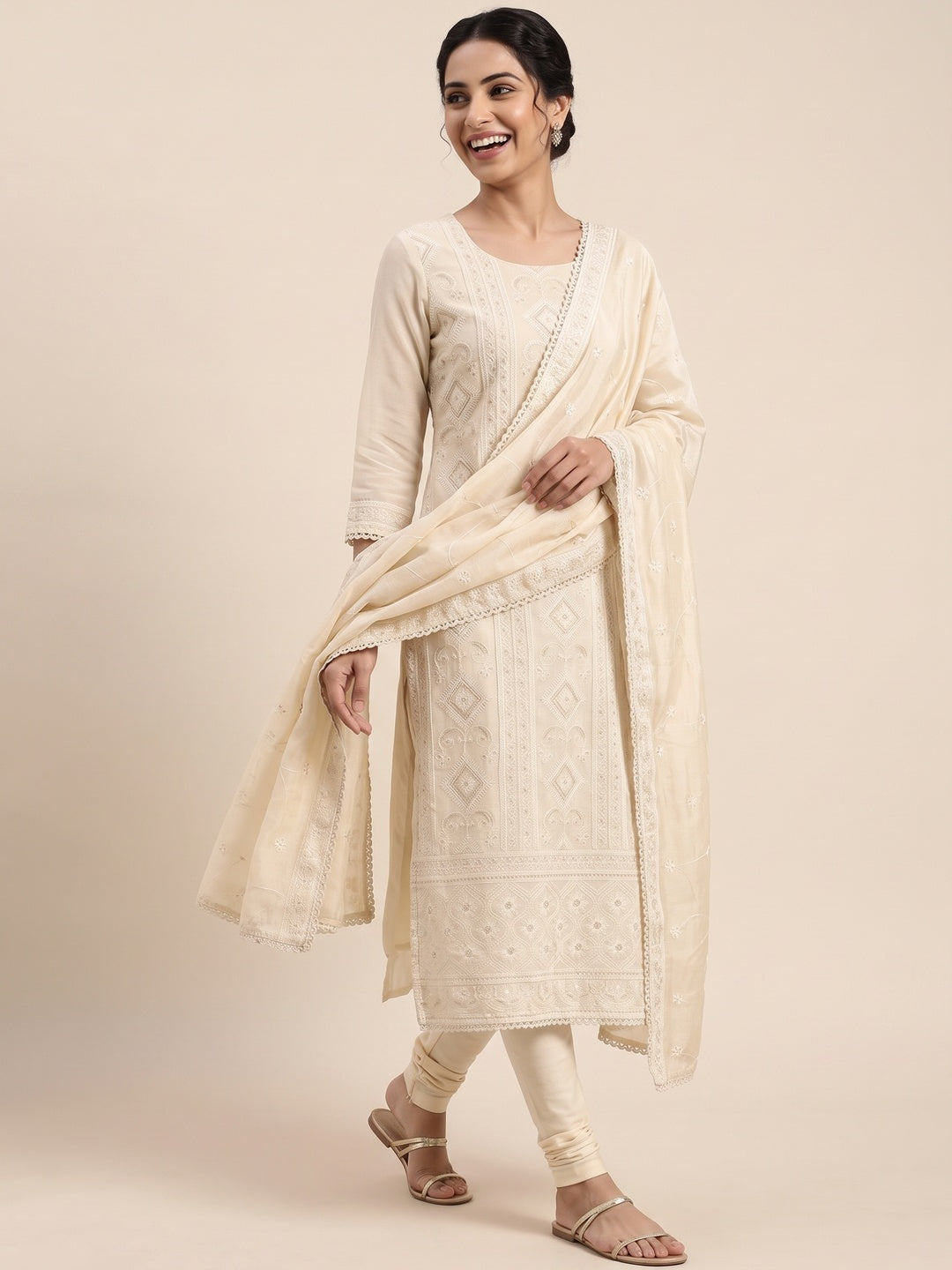 Cream Lucknowi Embroidery Work Dress Material Crafted In Premium Modal Chanderi Silk - Image 4