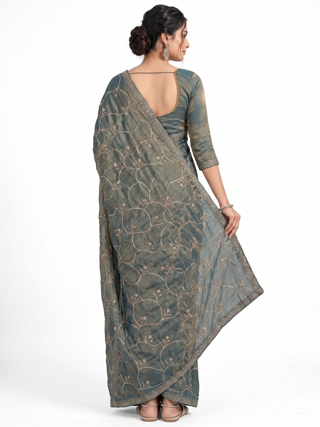 Peachmode Teal Satin Silk Saree with Stone Work Border - Image 5