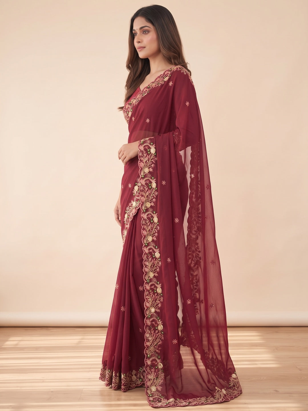 Maroon Georgette Saree with Heavy Coding Floral Thread Embroidery Work - Image 3