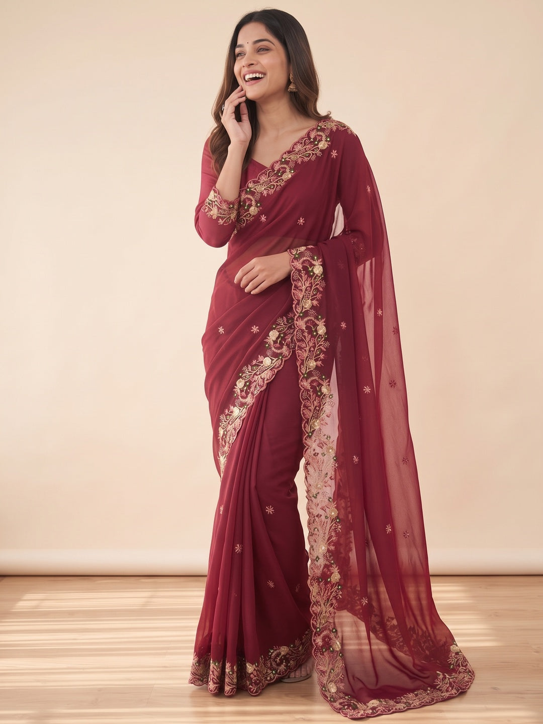 Maroon Georgette Saree with Heavy Coding Floral Thread Embroidery Work - Image 4