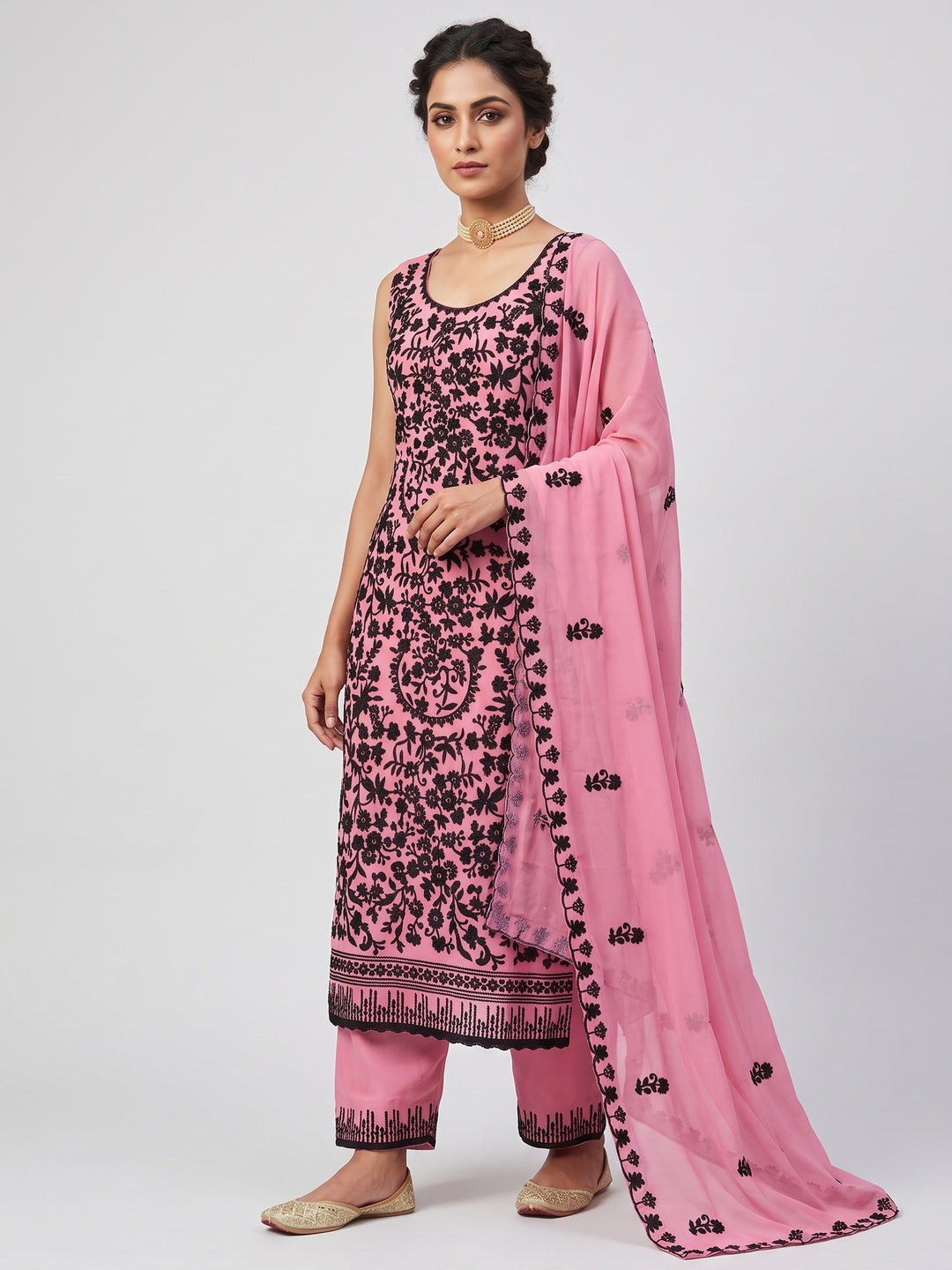 Designer Pink Floral Embroidered Georgette Material for Stylish Dresses and Outfits - Image 1