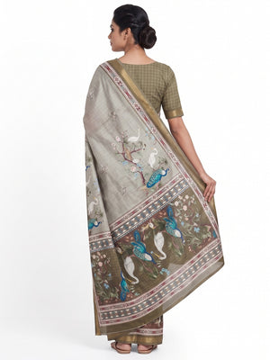 Grey Digital Printed Dola Silk Saree With Royal Floral & Peacock Motifs - Image 2