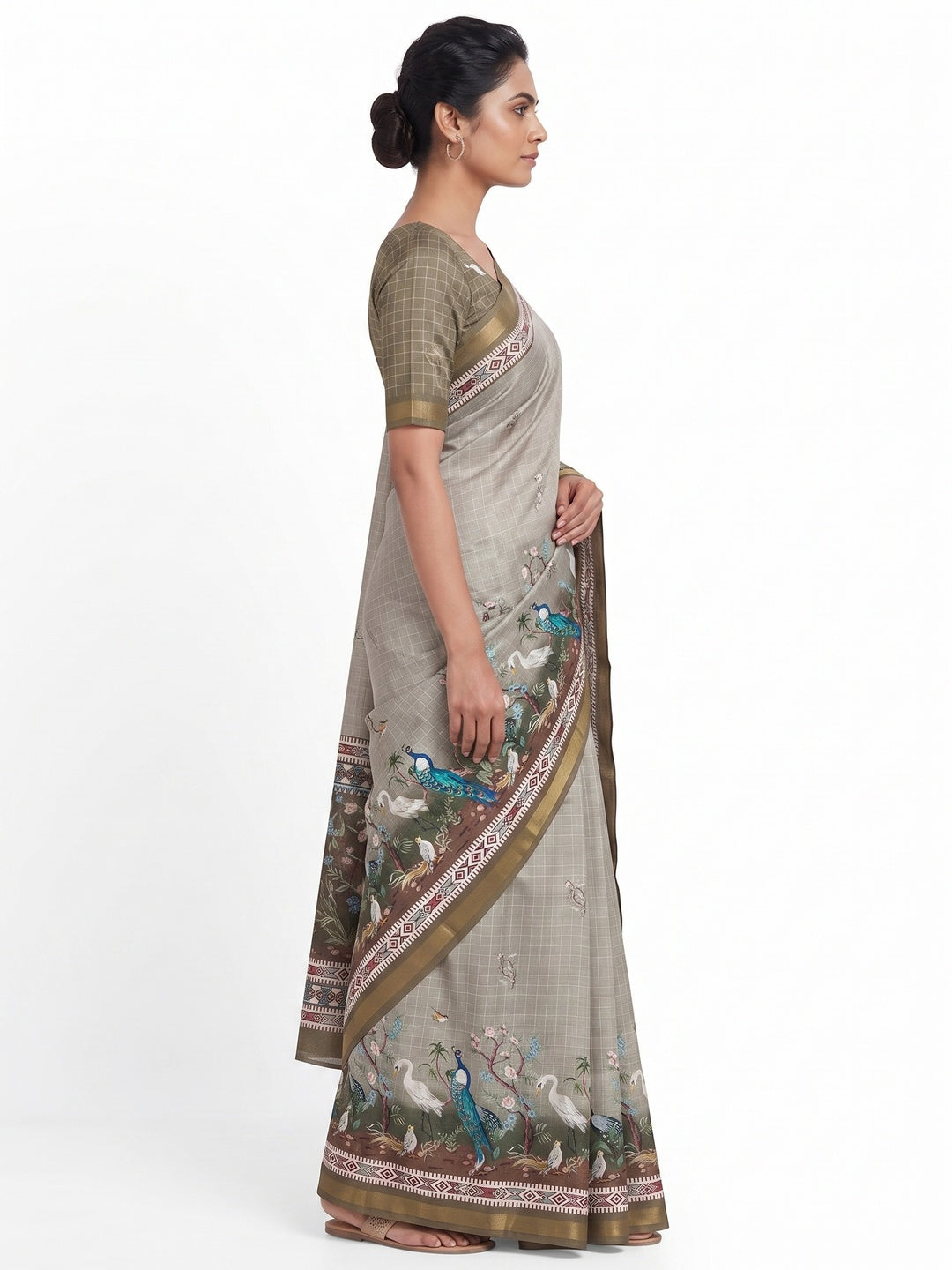 Grey Digital Printed Dola Silk Saree With Royal Floral & Peacock Motifs - Image 3