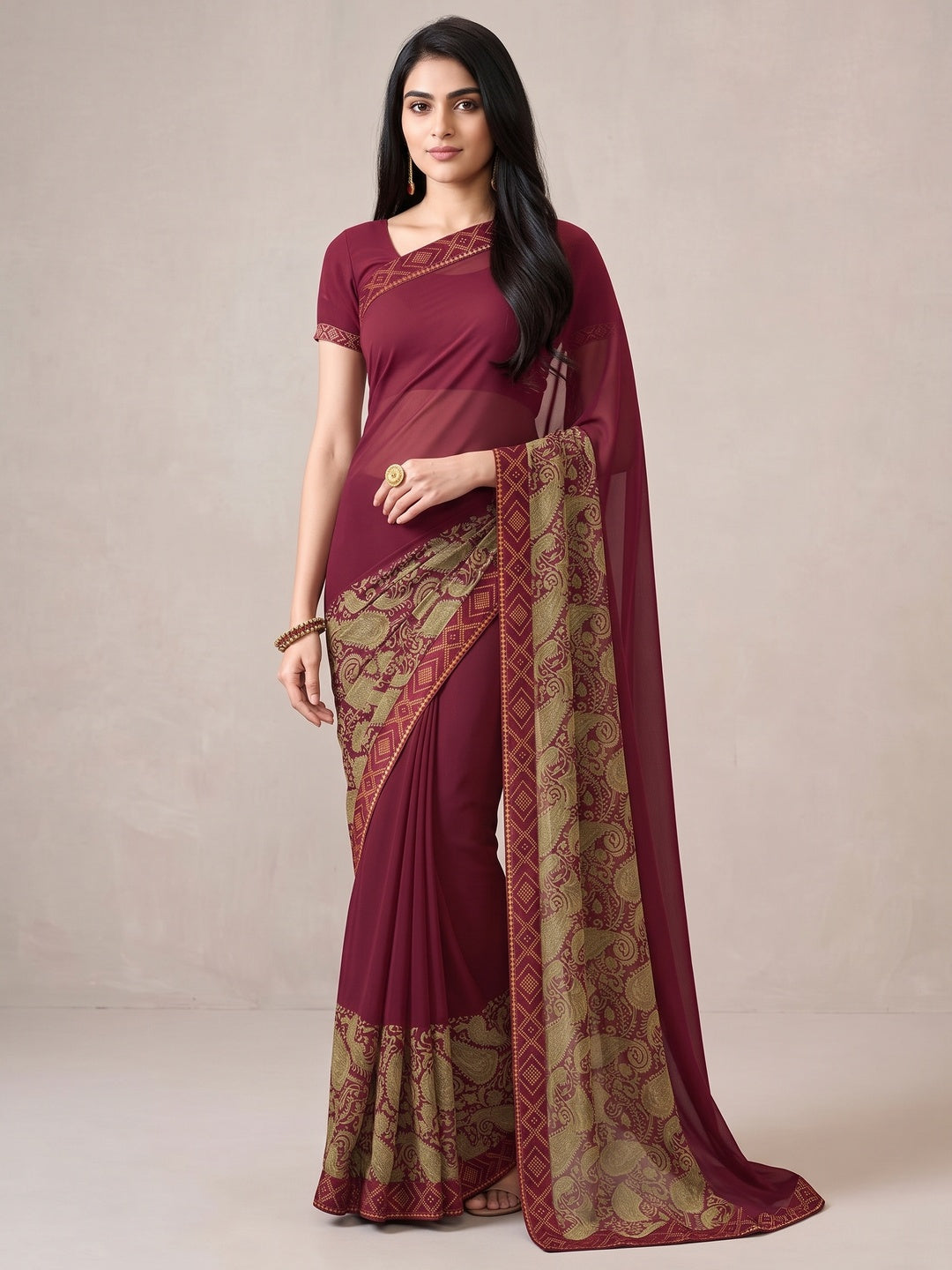 Maroon Printed Georgette Saree With Lace Border - Image 1