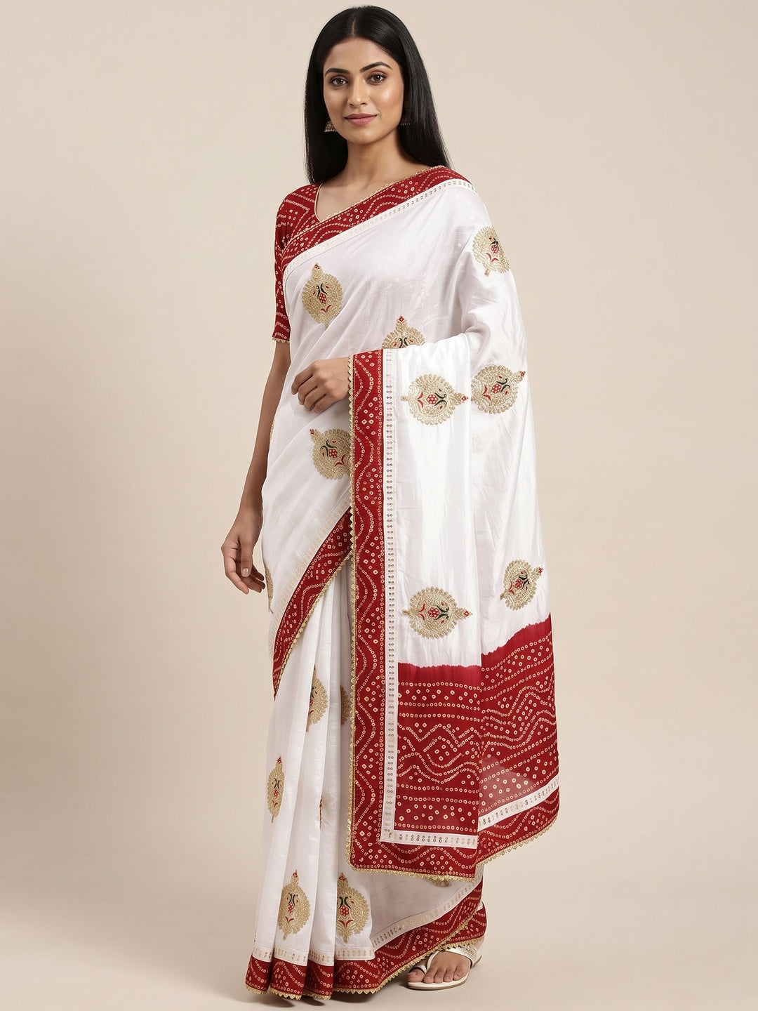 White Zari Embroidered Vichitra Silk Saree - Image 1