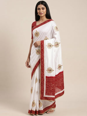 White Zari Embroidered Vichitra Silk Saree - Image 1