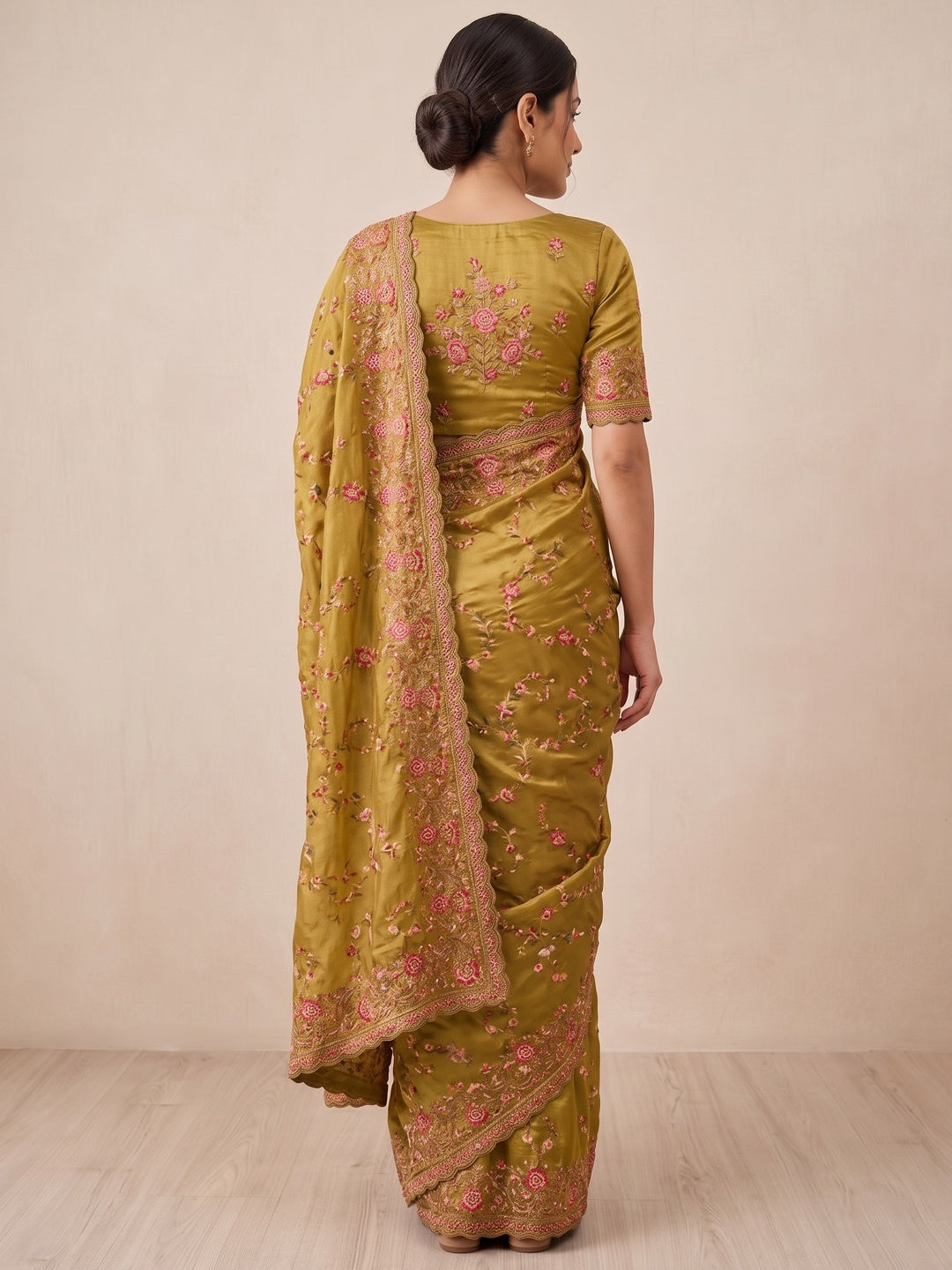 Elegant Mustard Satin Saree with Intricate Thread Work Embroidery - Image 2