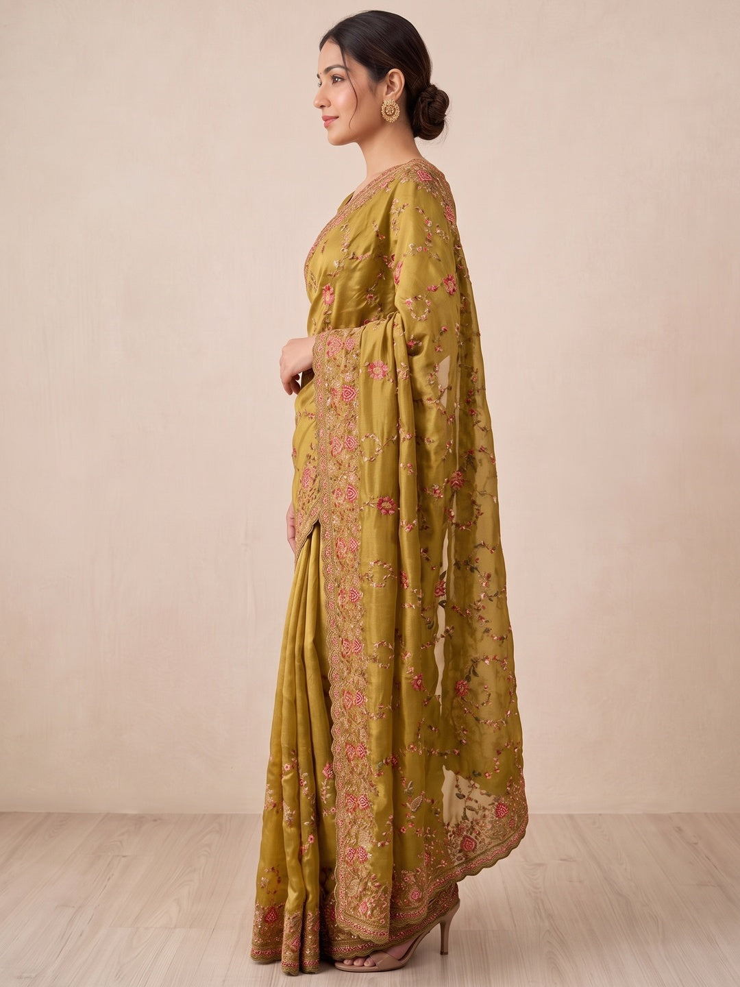 Elegant Mustard Satin Saree with Intricate Thread Work Embroidery - Image 3