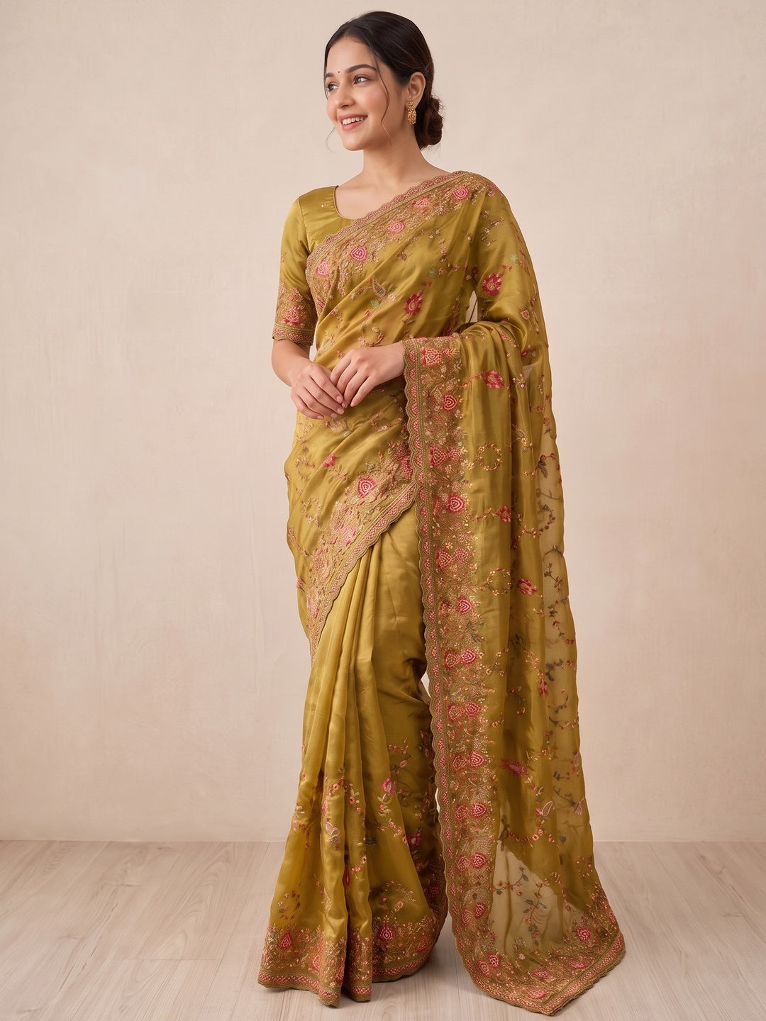 Elegant Mustard Satin Saree with Intricate Thread Work Embroidery - Image 4