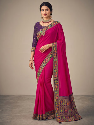 Pink Festive Wear Zari Woven With Jacquard Lace & Pallu Sana Silk Saree - Image 1
