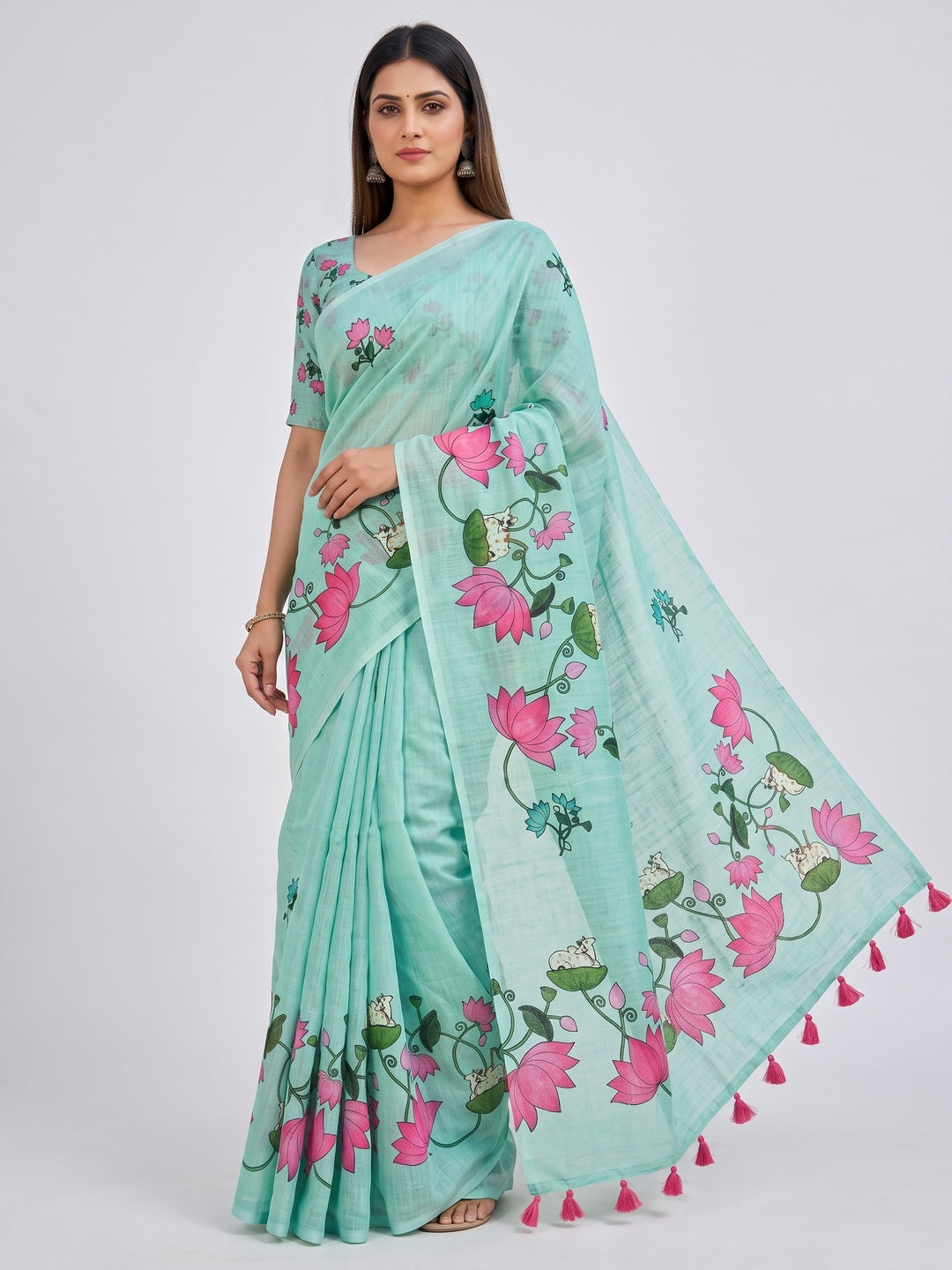 Luxurious Sea Green Pichwai Printed Linen Cotton Saree with Decorative Fancy Latkan Pallu - Image 1