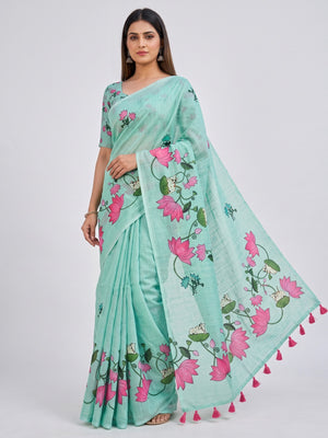 Luxurious Sea Green Pichwai Printed Linen Cotton Saree with Decorative Fancy Latkan Pallu - Image 1