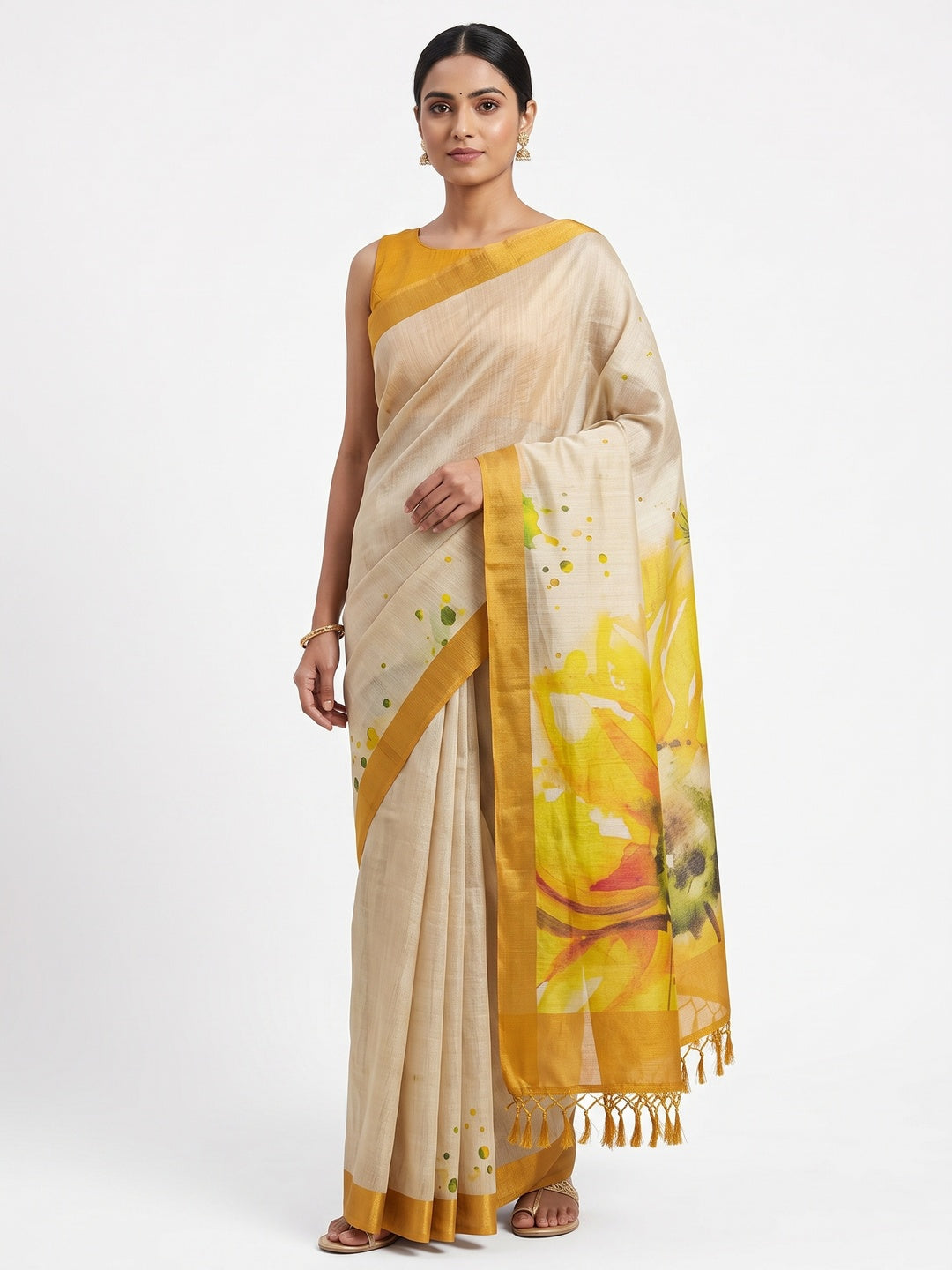 Beige Art Silk Saree with Soft Floral Printing - Image 1