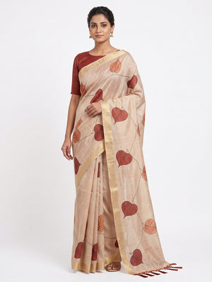 Beige & Rust Saree in Art Silk Featuring Leafy Print & Tassels - Image 1