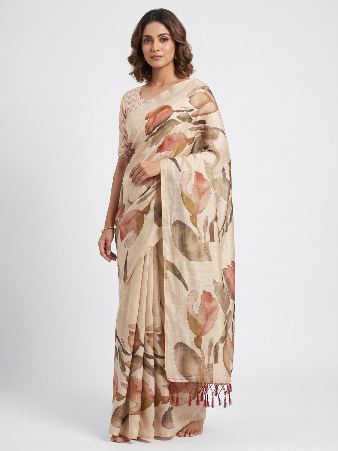 Stylish Beige Floral Print Art Silk Saree Enhanced With Tassel Pallu - Image 1