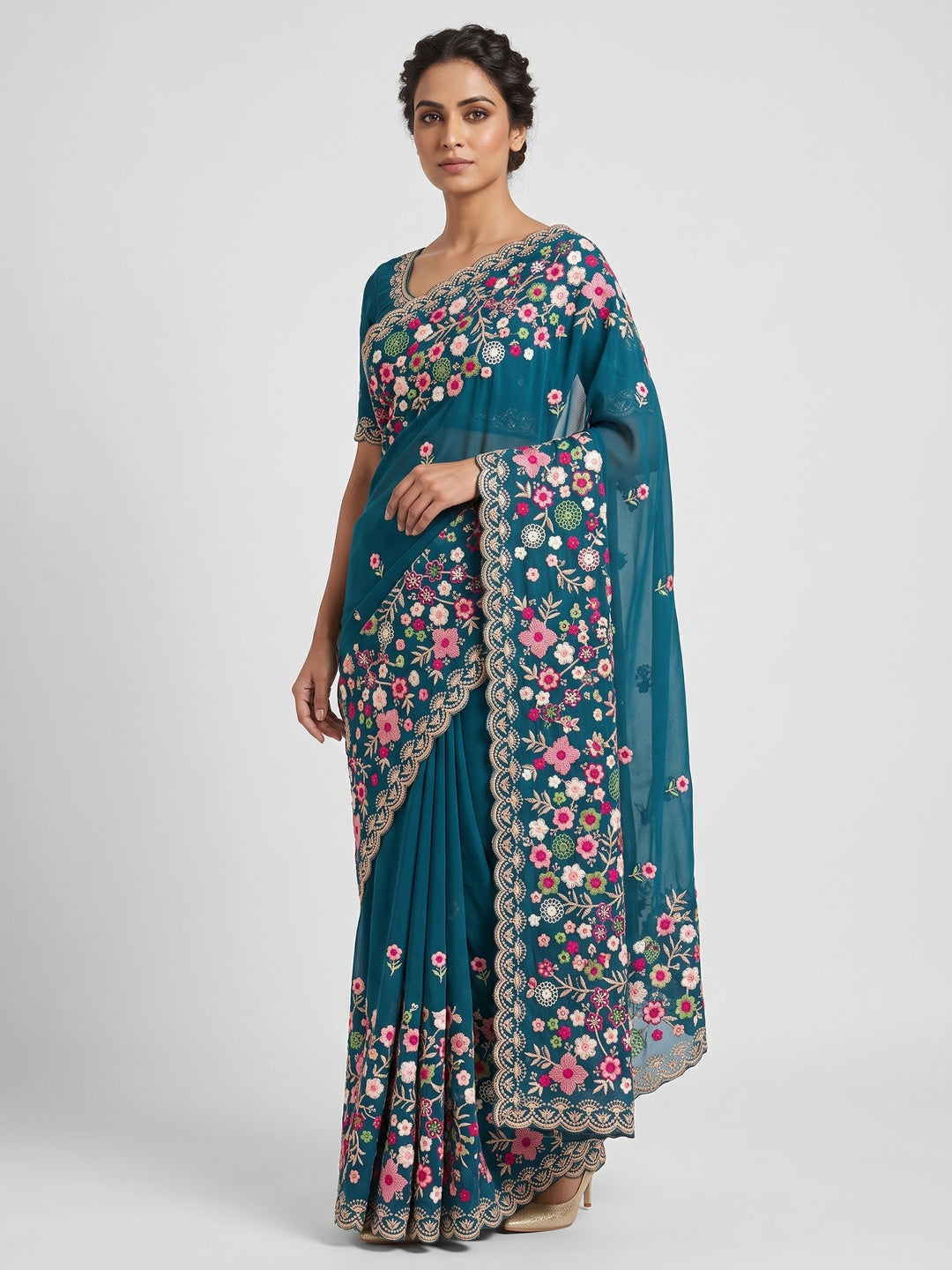 Graceful Morpich Blue Georgette Saree Featuring Exquisite Floral Thread Embroidery Work - Image 1