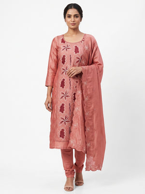 Peach Floral Embroidery Enhanced Vichitra Silk Fabric Set for Stylish Traditional Outfits - Image 2