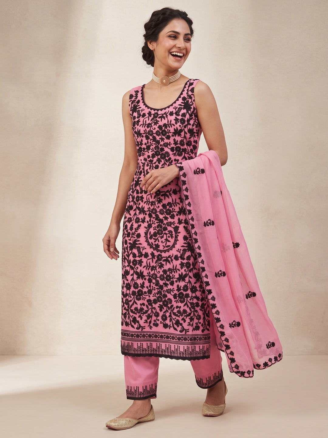 Designer Pink Floral Embroidered Georgette Material for Stylish Dresses and Outfits - Image 4