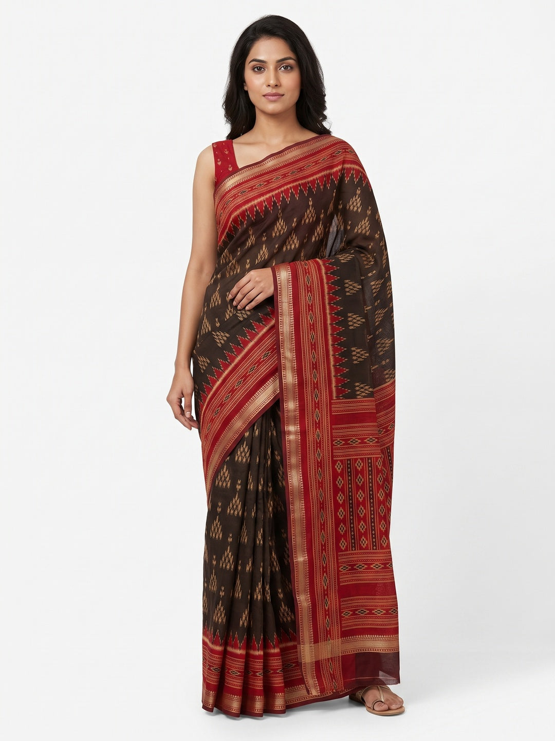 Soft Mulmul Cotton Saree in Brown with Classic Patola Design - Image 1