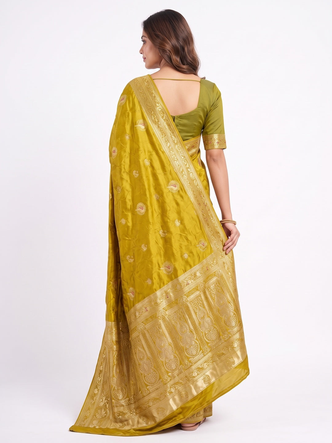 Elegant Olive Organza Satin Silk Zari Work Saree - Image 2