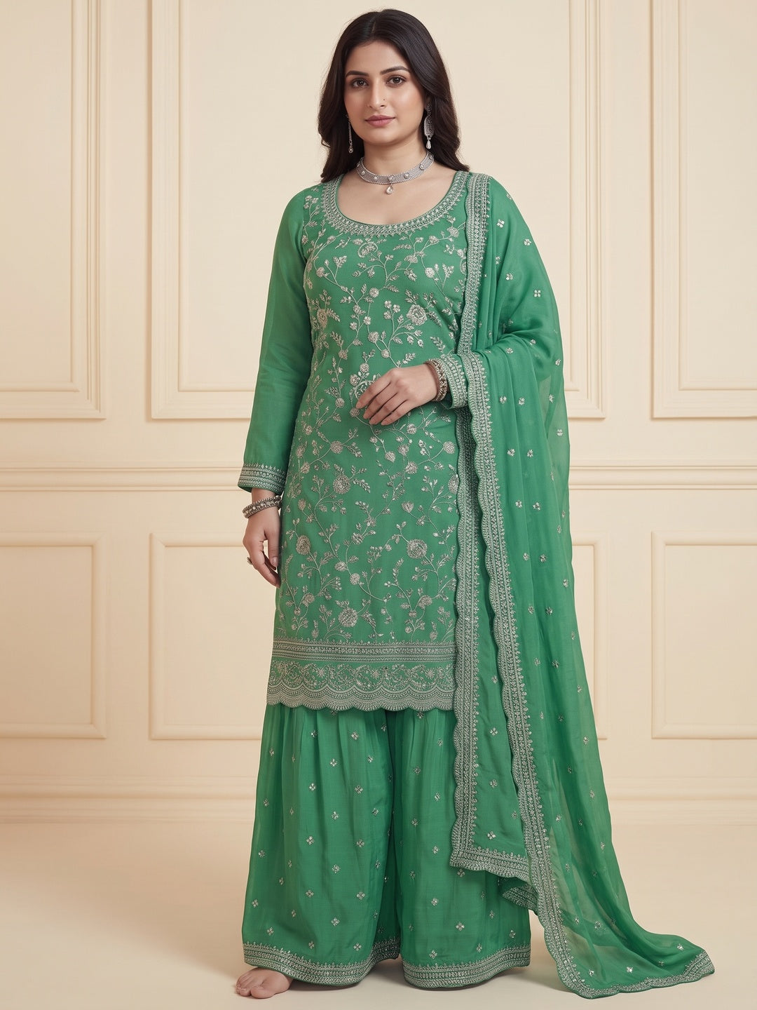Green Floral Embroidered Chinon Semi Stitched Sharara Suit - Image 1