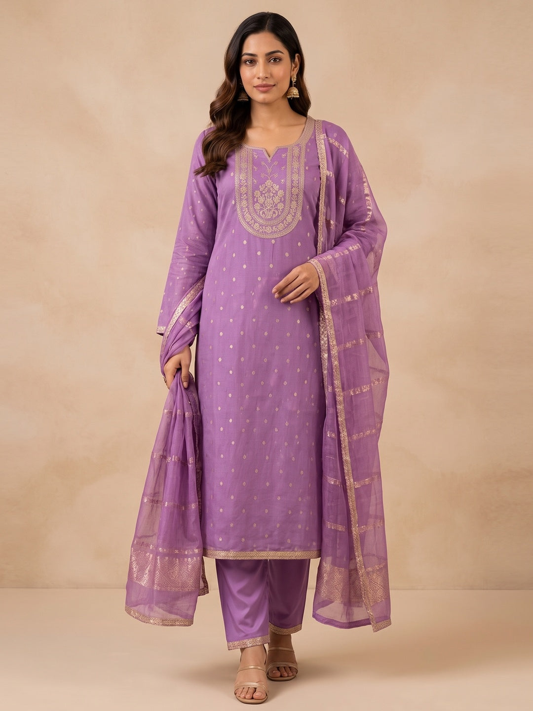 Peachmode Purple Shimmer Silk Dress Material with Embroidered Dupatta - Image 1