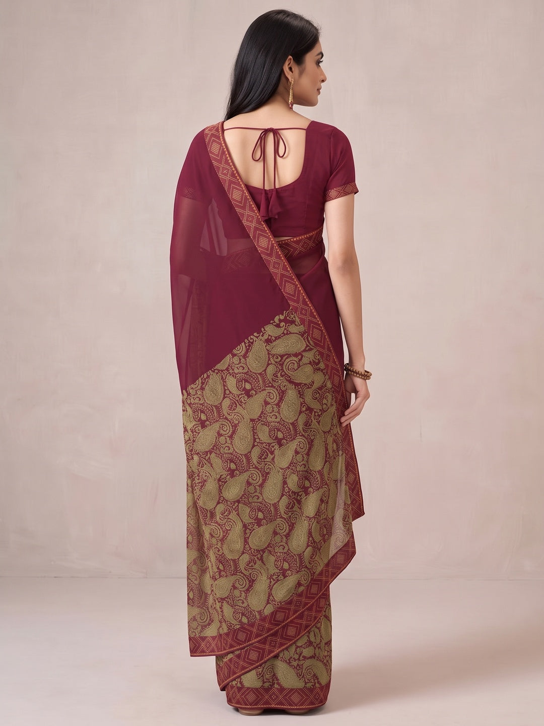 Maroon Printed Georgette Saree With Lace Border - Image 2