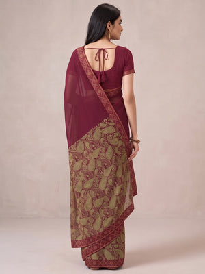 Maroon Printed Georgette Saree With Lace Border - Image 2