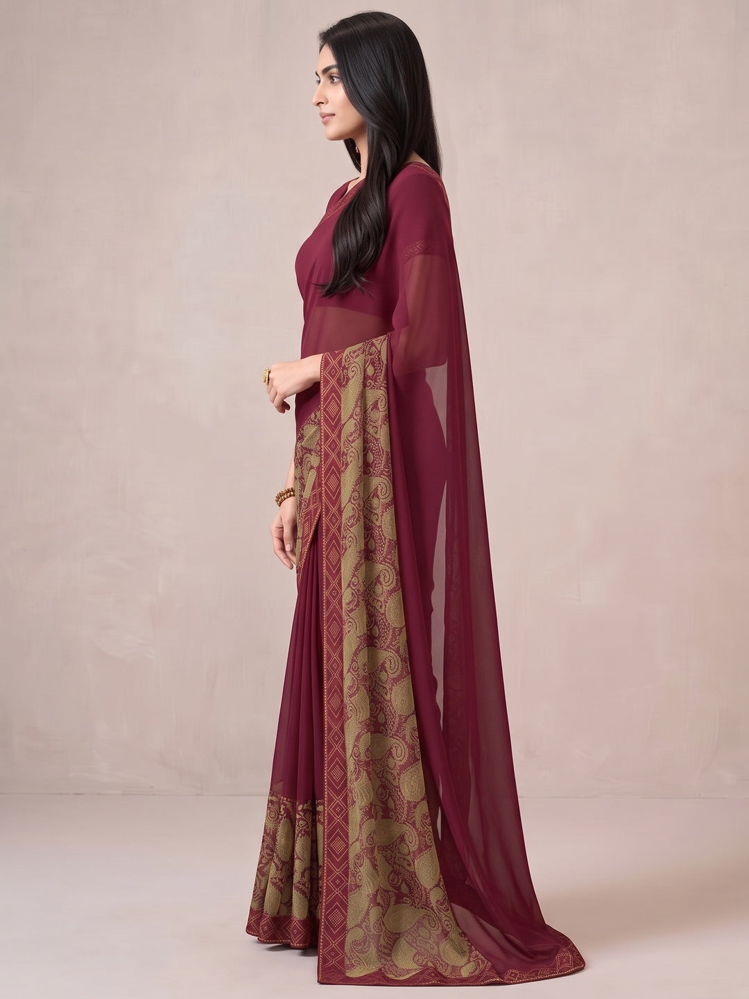Maroon Printed Georgette Saree With Lace Border - Image 3