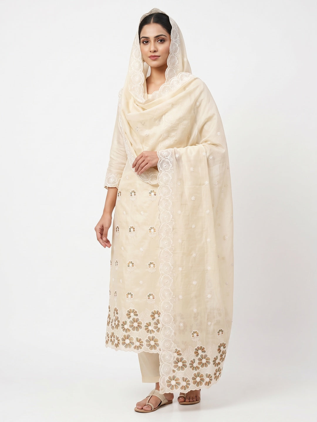 Elegant Cream Floral Thread Embroidered Chanderi Silk Dress Material - Image 1