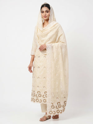 Elegant Cream Floral Thread Embroidered Chanderi Silk Dress Material - Image 1