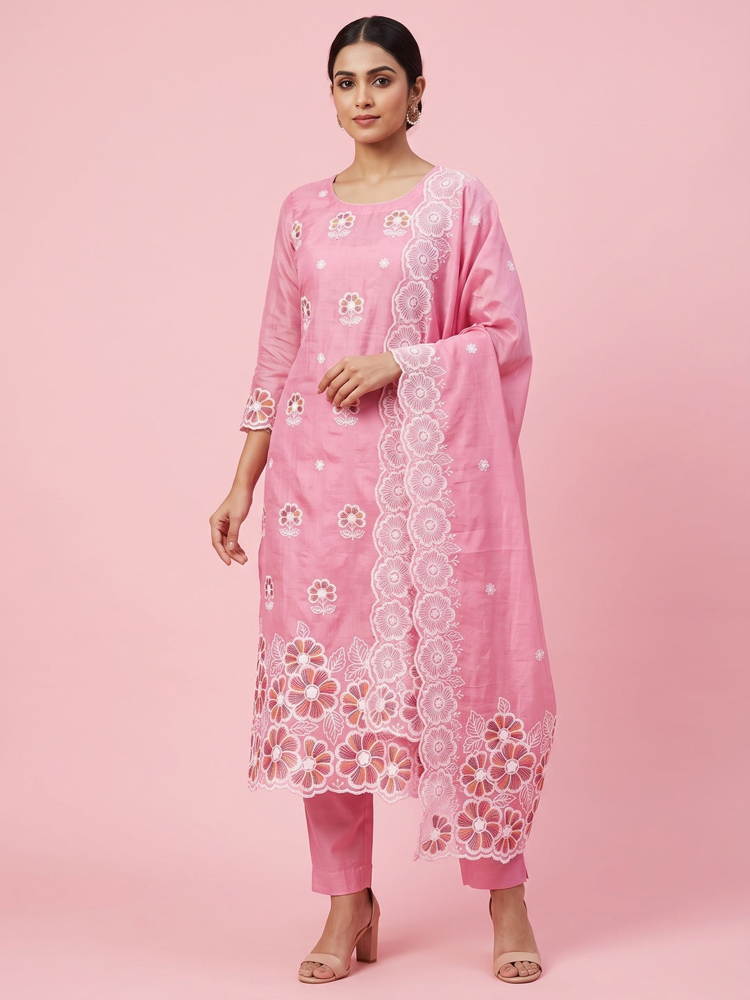 Elegant Pink Floral Thread Embroidered Chanderi Silk Dress Material - Image 1