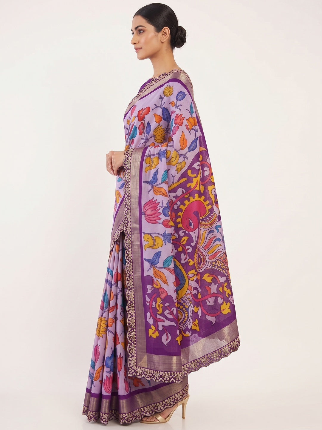 Lavender Floral Printed Dola Silk Saree With Sequins Border - Image 3