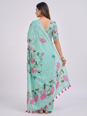 Luxurious Sea Green Pichwai Printed Linen Cotton Saree with Decorative Fancy Latkan Pallu - Image 2