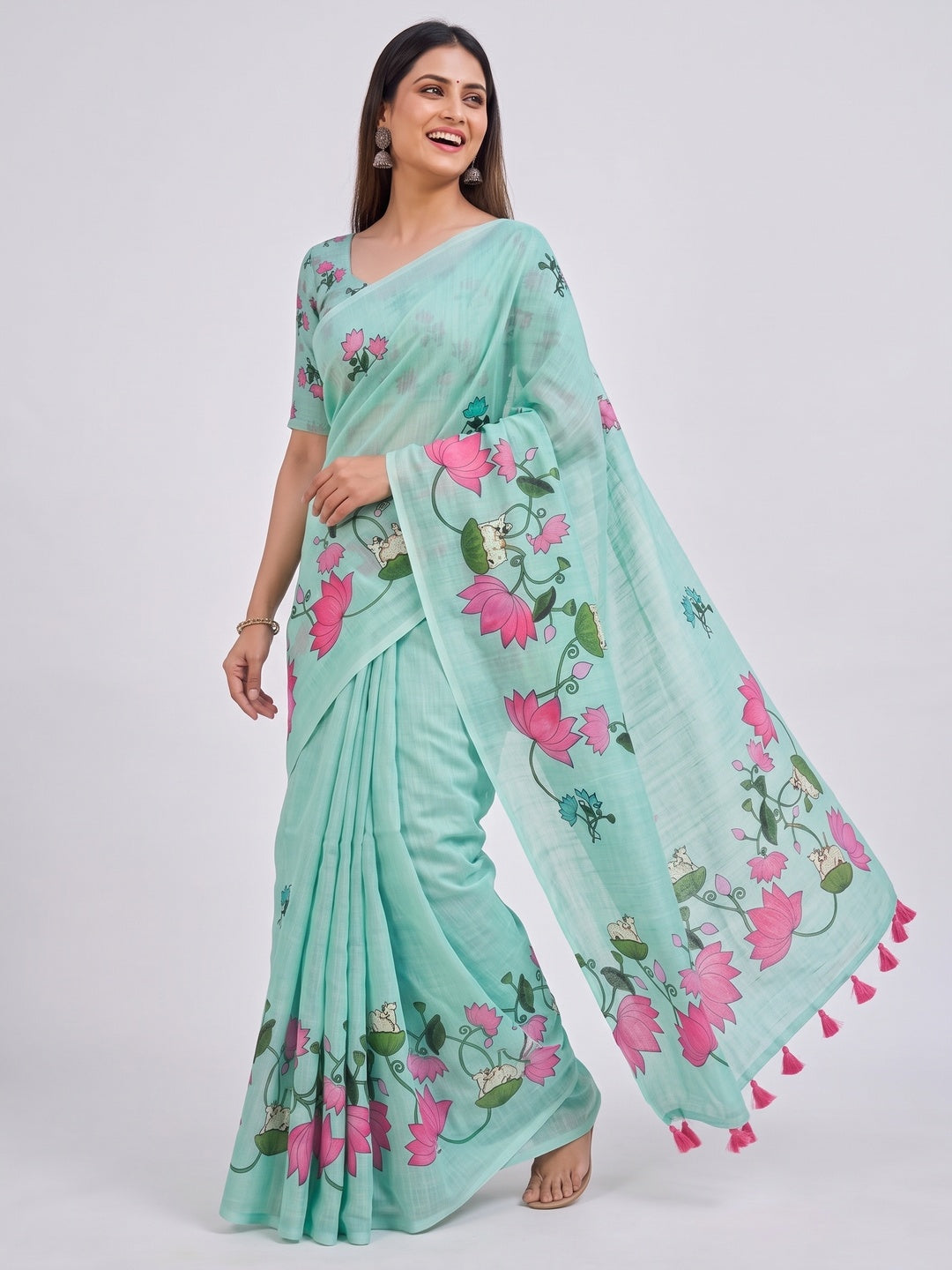 Luxurious Sea Green Pichwai Printed Linen Cotton Saree with Decorative Fancy Latkan Pallu - Image 4