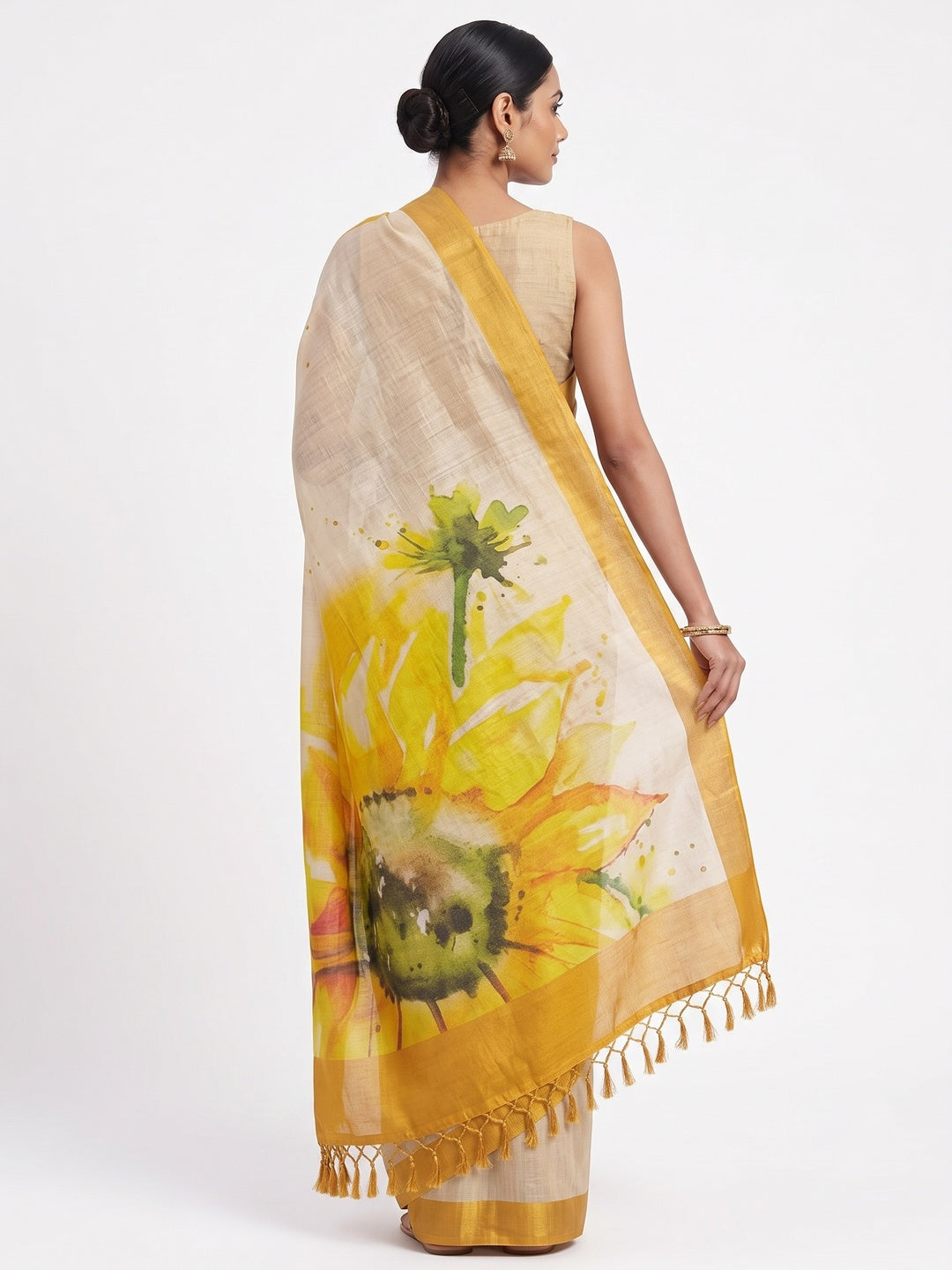 Beige Art Silk Saree with Soft Floral Printing - Image 2