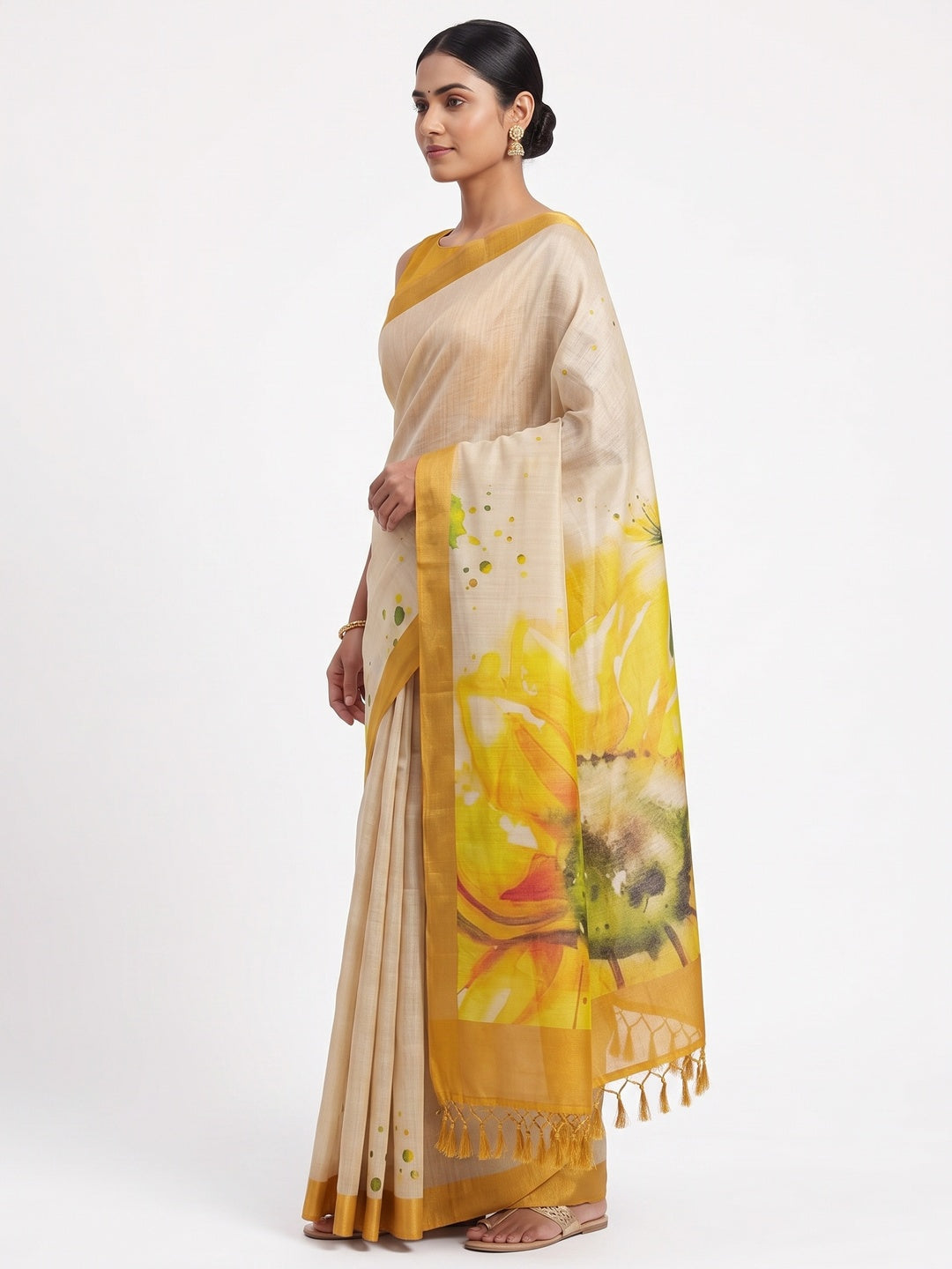 Beige Art Silk Saree with Soft Floral Printing - Image 3