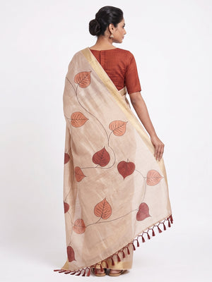 Beige & Rust Saree in Art Silk Featuring Leafy Print & Tassels - Image 2