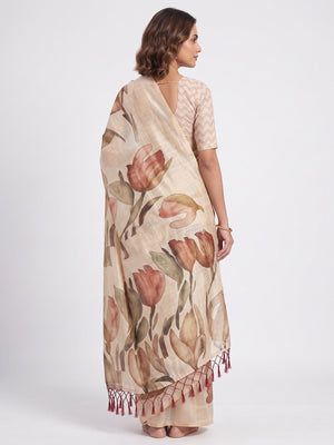 Stylish Beige Floral Print Art Silk Saree Enhanced With Tassel Pallu - Image 2