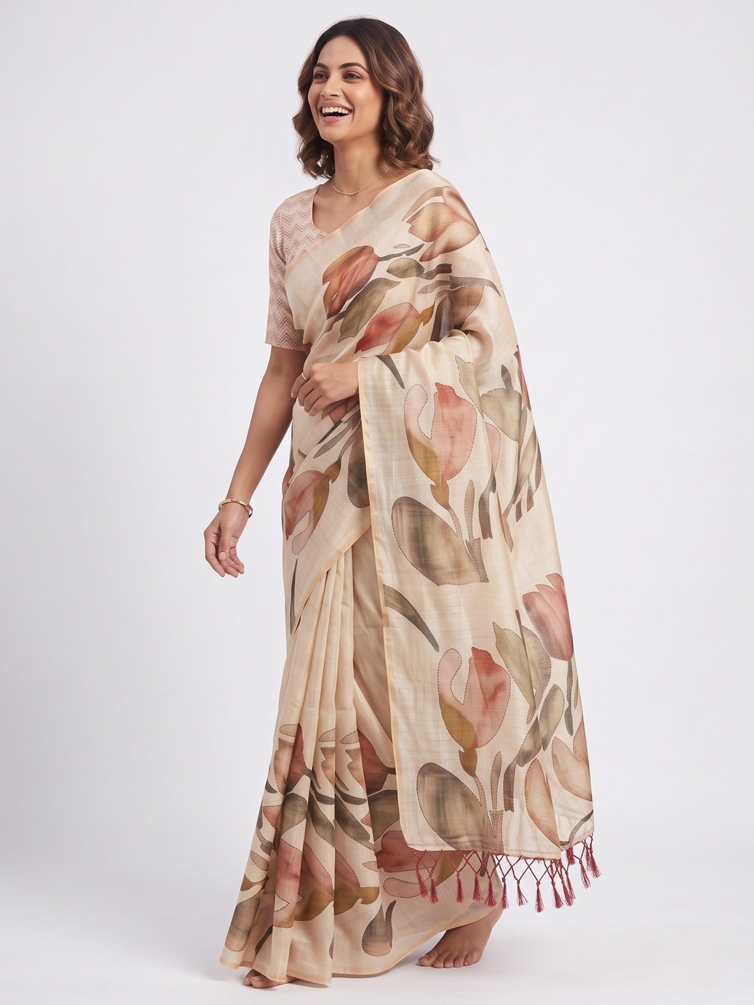 Stylish Beige Floral Print Art Silk Saree Enhanced With Tassel Pallu - Image 4