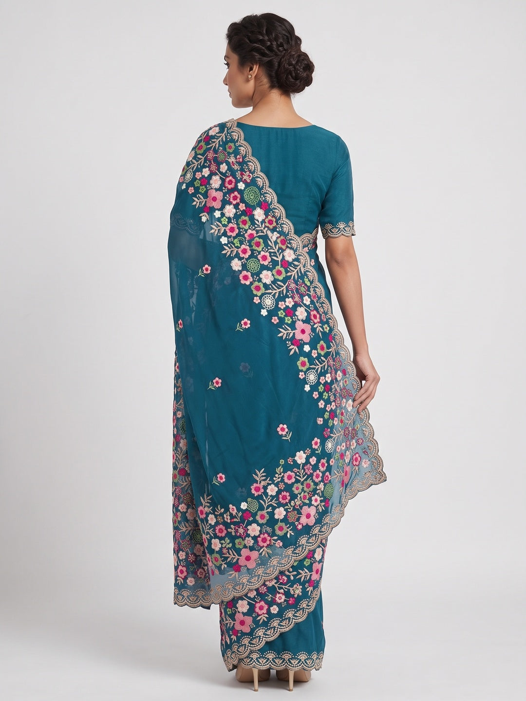 Graceful Morpich Blue Georgette Saree Featuring Exquisite Floral Thread Embroidery Work - Image 2