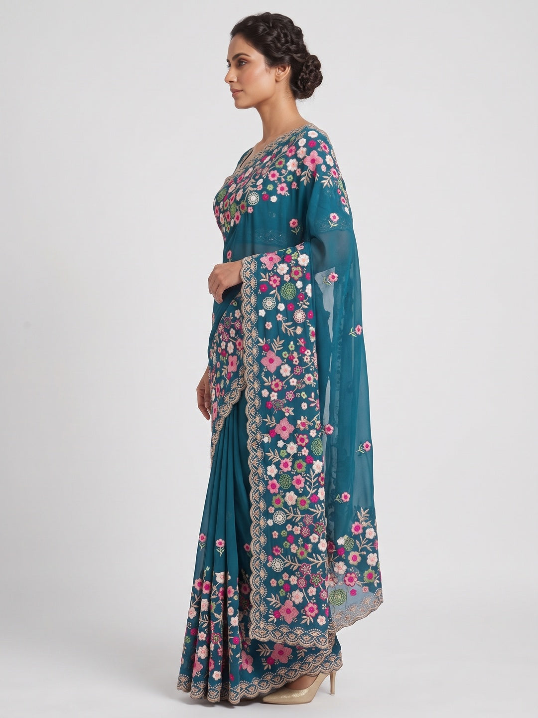 Graceful Morpich Blue Georgette Saree Featuring Exquisite Floral Thread Embroidery Work - Image 3