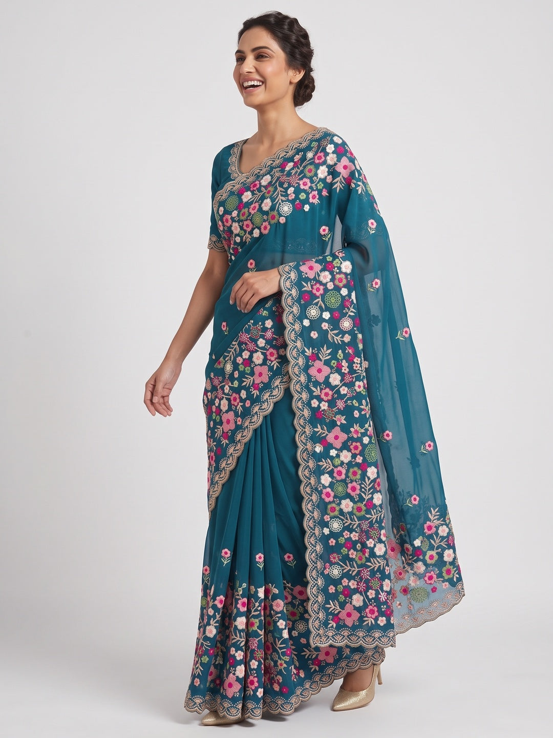 Graceful Morpich Blue Georgette Saree Featuring Exquisite Floral Thread Embroidery Work - Image 4