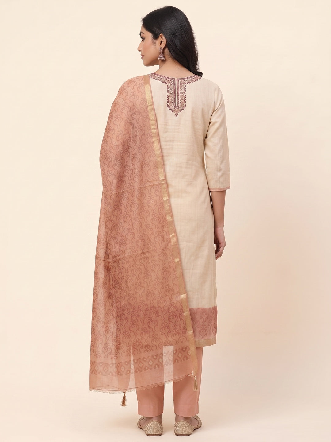 Peachmode Peach Linen Dress Material with Floral Print - Image 2