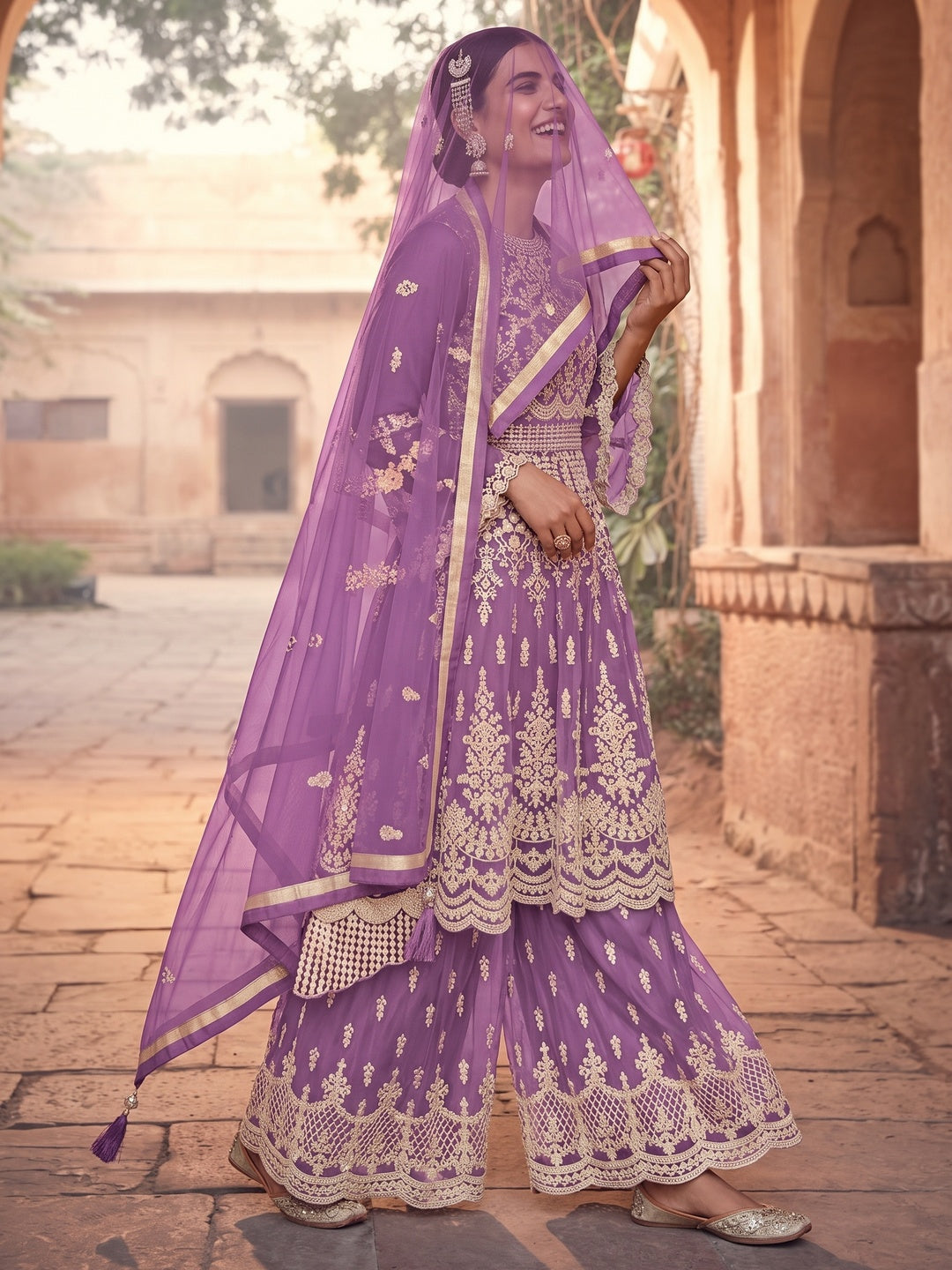 Purple Embroidered Netted Sharara Suit - Image 1