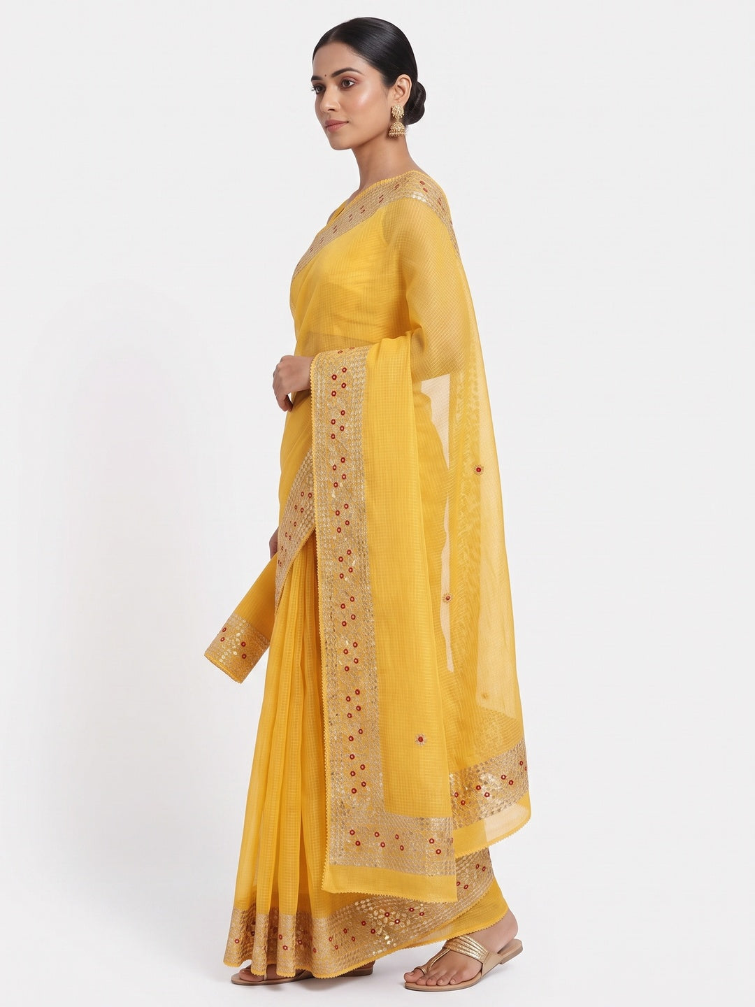 Yellow Ethnic Kota Doria Saree Designed with Beautiful Traditional Gota Embroidery - Image 4