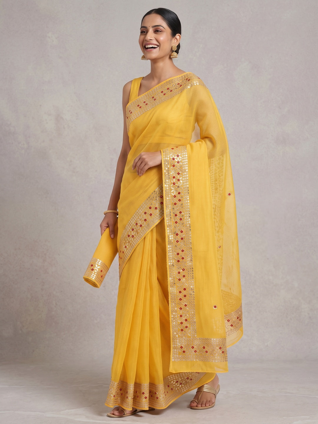 Yellow Ethnic Kota Doria Saree Designed with Beautiful Traditional Gota Embroidery - Image 2