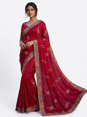 Elegant Red Satin Saree with Designer Embroidery and Stone Work - Image 1