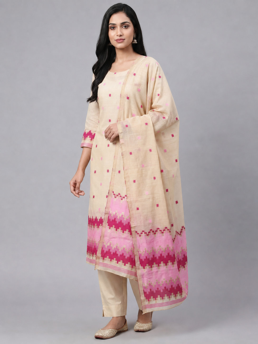 Peachmode Pink Cotton Dress Material with Ethnic Motifs - Image 5
